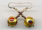 Round 14mm Gold Bead Earrings with Dots of Red-Topaz-Amber